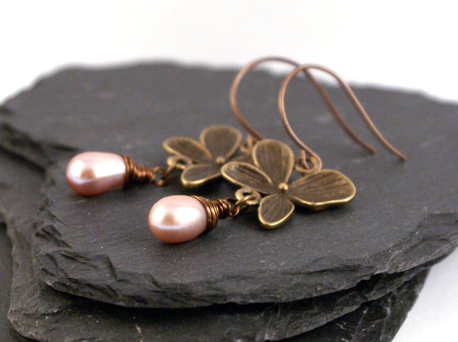 Dusky Pearl - Wire Wrapped Freshwater Pearl Earrings with Antique Bronze Flowers