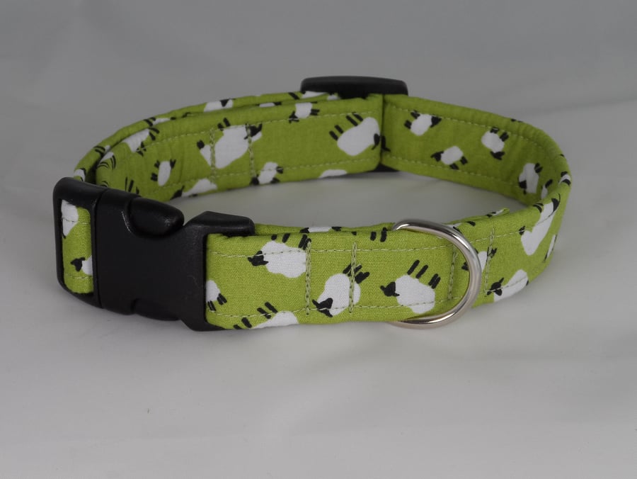 Handmade Summer Fabric Dog Collar - Green Sheep - Small-Medium