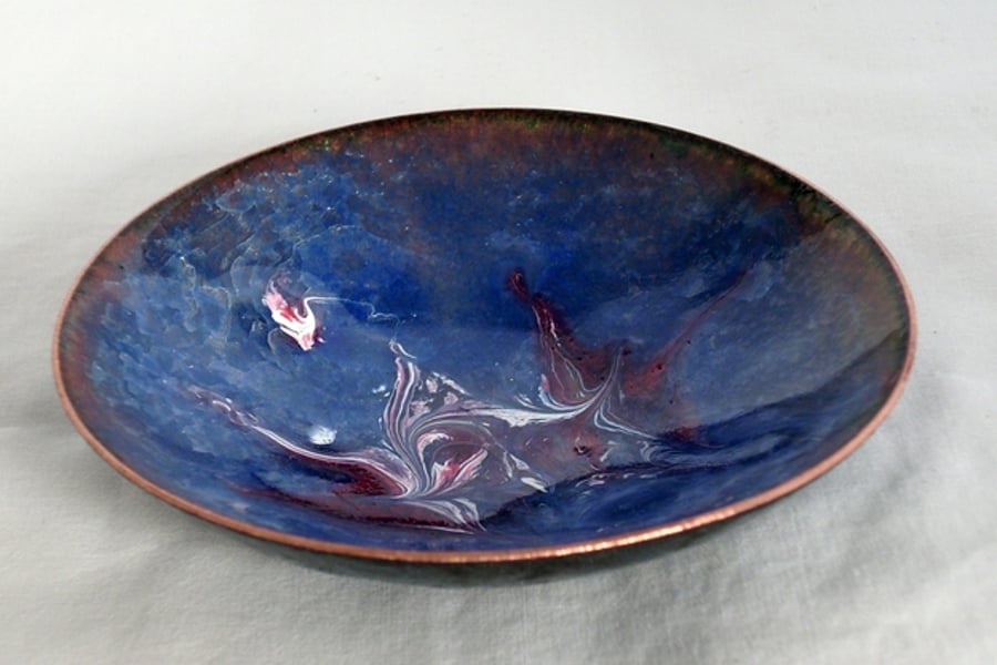 dish scrolled white and red, amethyst and pink over blue