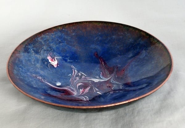 dish scrolled white and red, amethyst and pink over blue