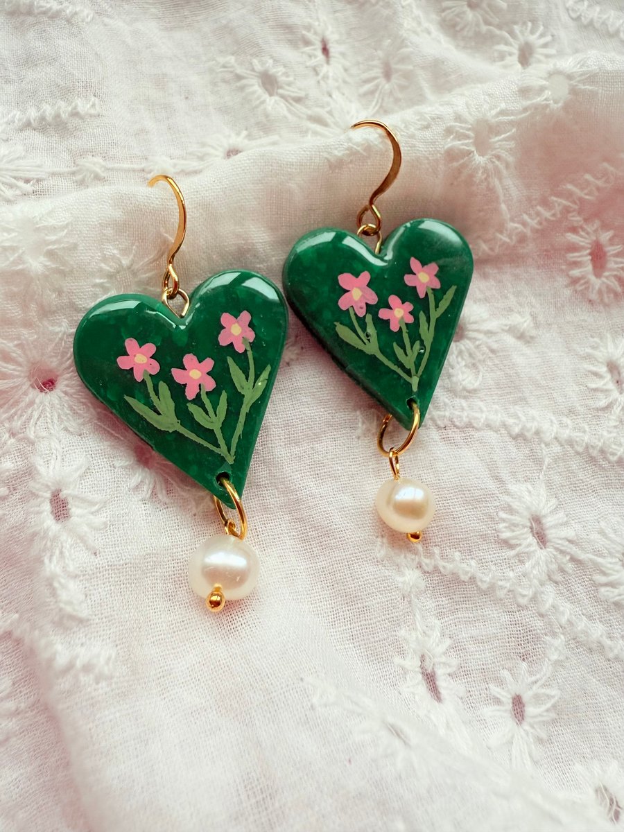 Pink Flowers Heart Shaped Earrings with Pearl Dangles - FREE DELIVERY