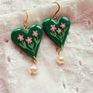 Pink Flowers Heart Shaped Earrings with Pearl Dangles - FREE DELIVERY