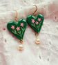 Pink Flowers Heart Shaped Earrings with Pearl Dangles - FREE DELIVERY