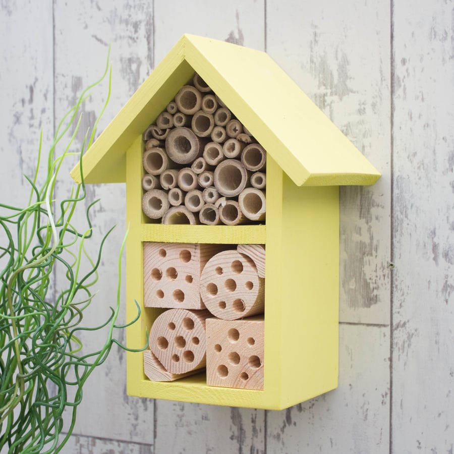Solitary Bee House, Bee Hotel, Insect House in 'Dazzling Yellow'. Two Tier.