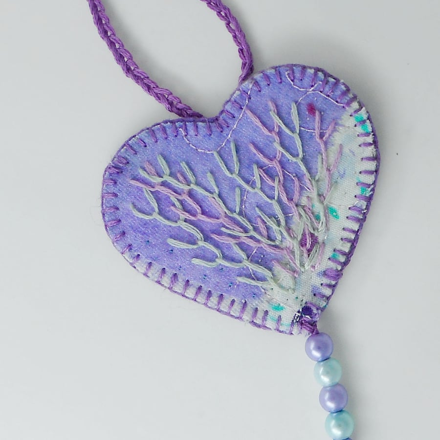 Myst - heart shaped hanging ornament with hand embroidery 