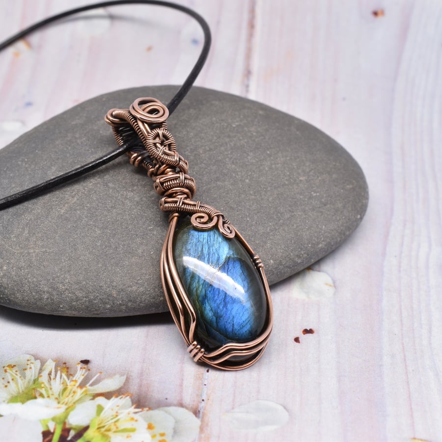 Wire Wrapped Blue Labradorite and Copper One of a Kind Pendant