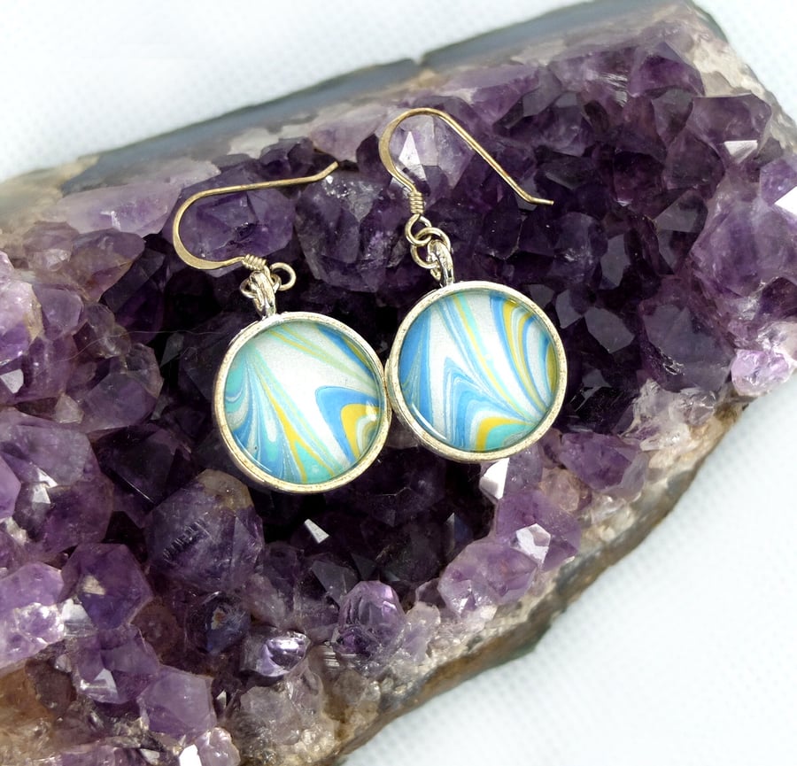 Marbled paper glass cabochon earrings tropical colours