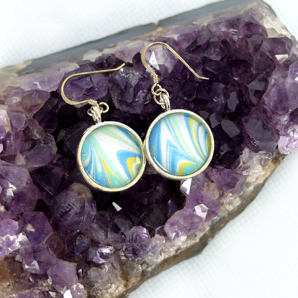 Marbled paper glass cabochon earrings tropical colours