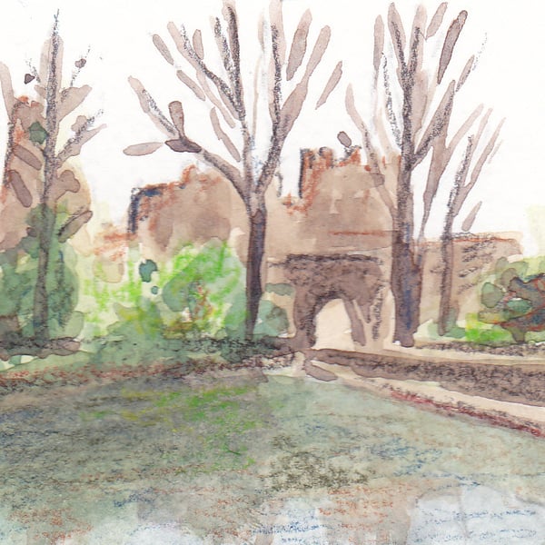 ACEO Prudhoe Castle Original Watercolour and Pencil Painting OOAK 