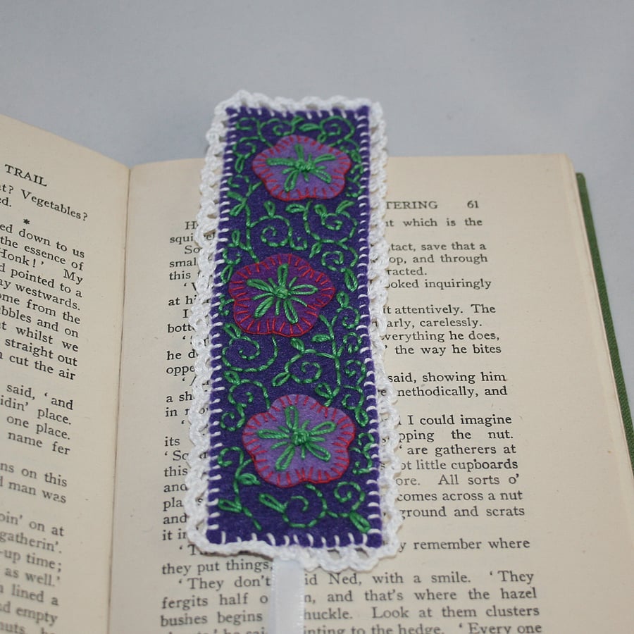 Embroidered Felt Bookmark - Filigree pattern on Purple