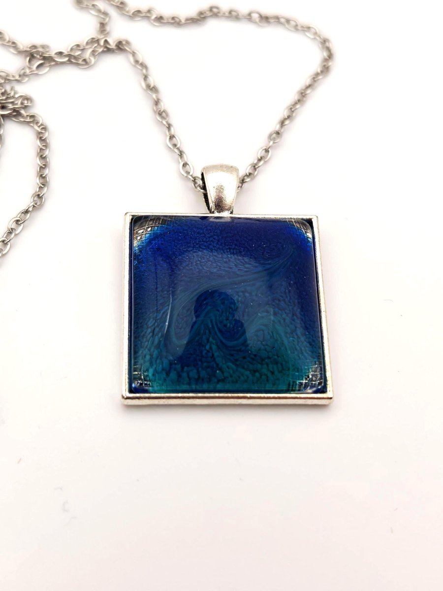 Blue Teal Resin Pendant Necklace: Abstract Wave, Ocean Swirl 