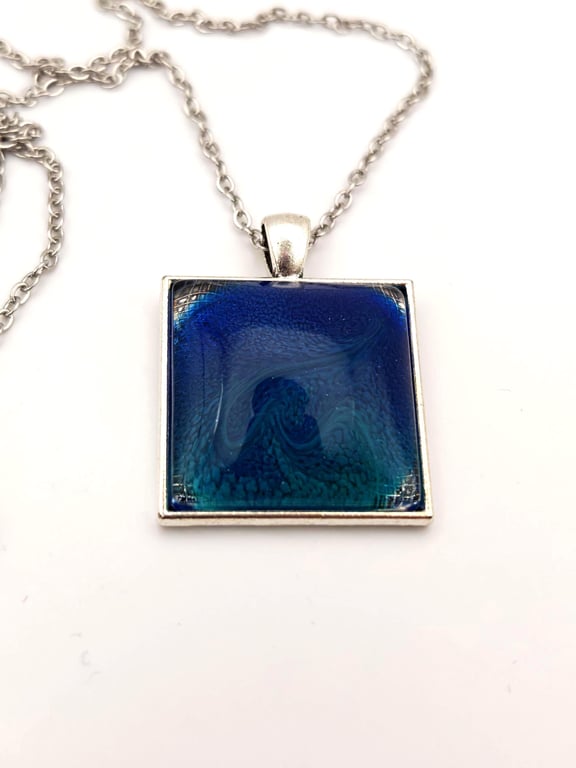 Blue Teal Resin Pendant Necklace: Abstract Wave, Ocean Swirl 