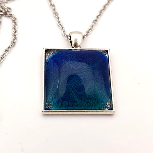 Blue Teal Resin Pendant Necklace: Abstract Wave, Ocean Swirl 