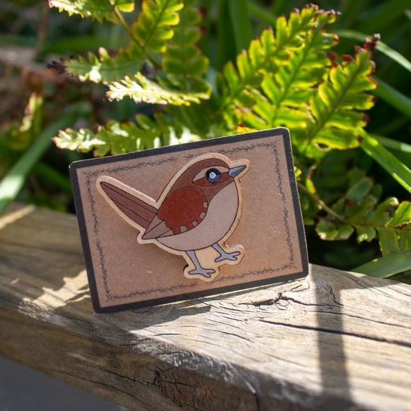 Wren Wooden Pin Badge – Hand-Painted Bird Brooch