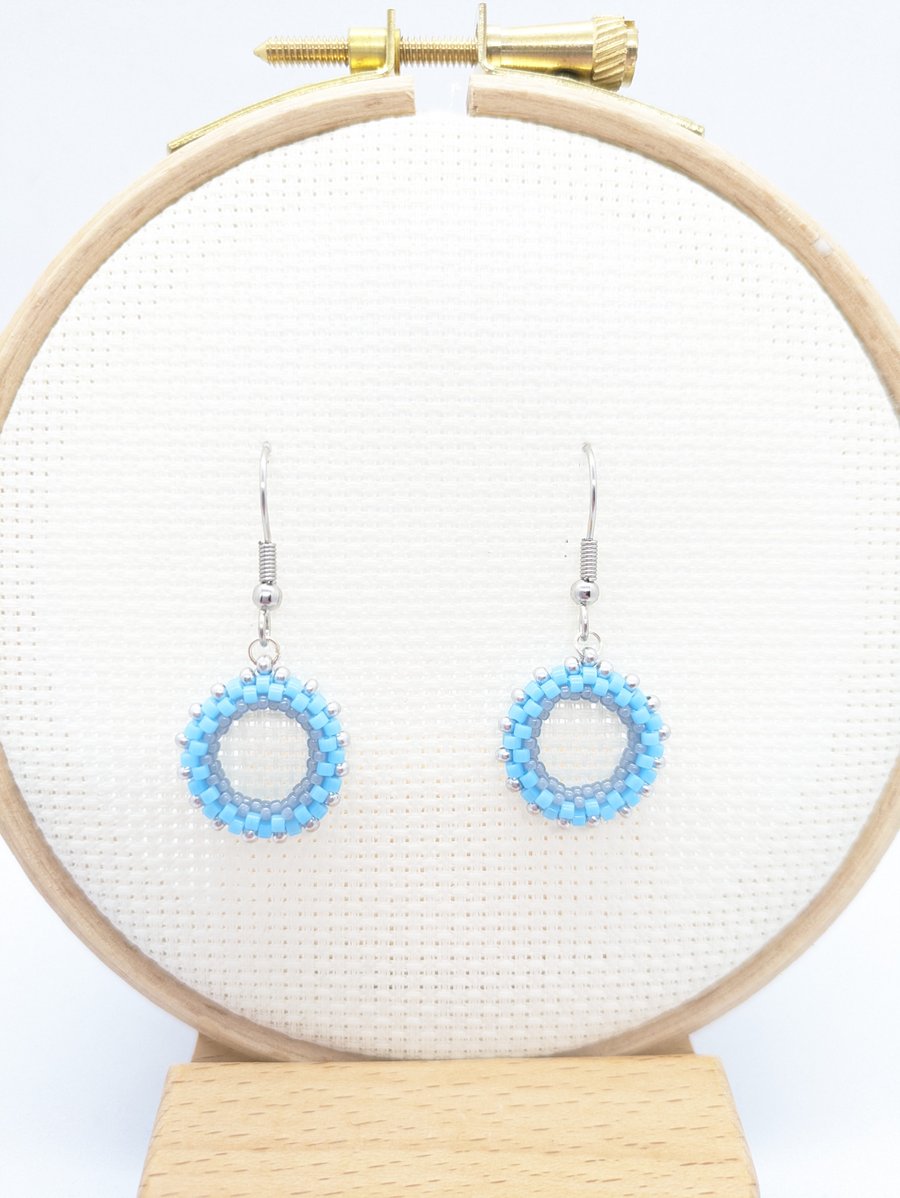 Spring Beaded Wreath Earrings - Silver and Blue