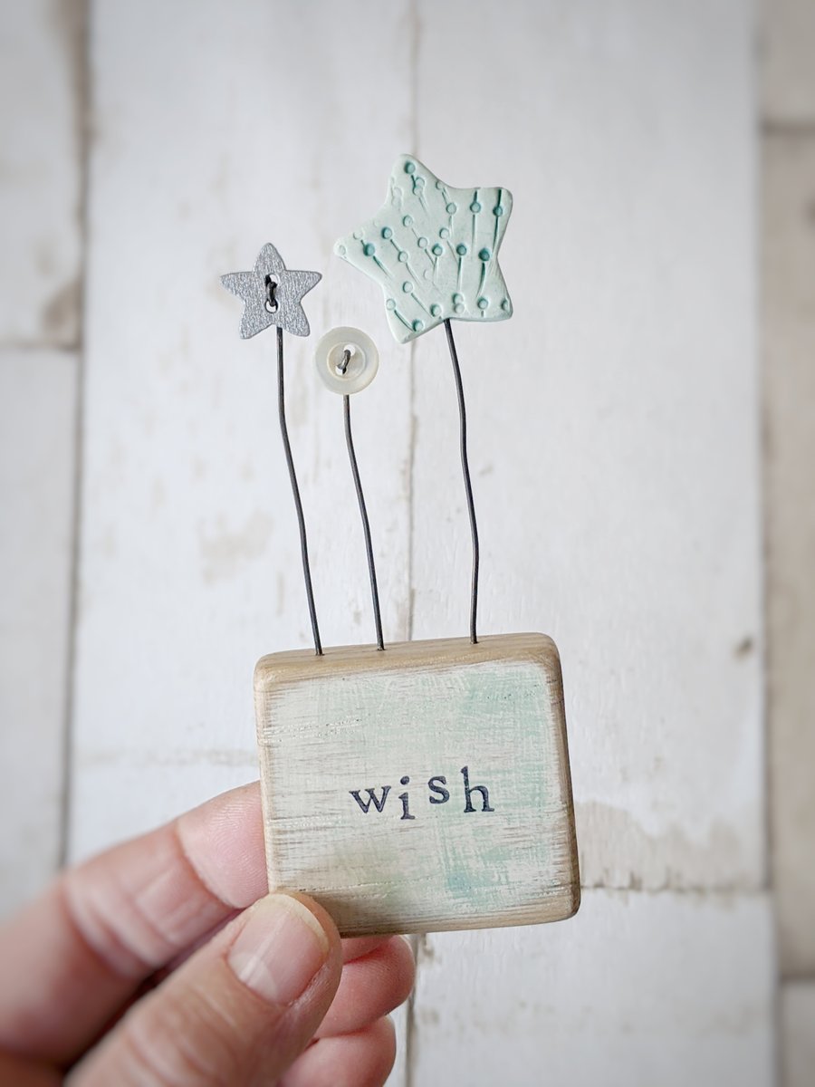  Clay Star and Buttons in a Painted Wood Block 'Wish'