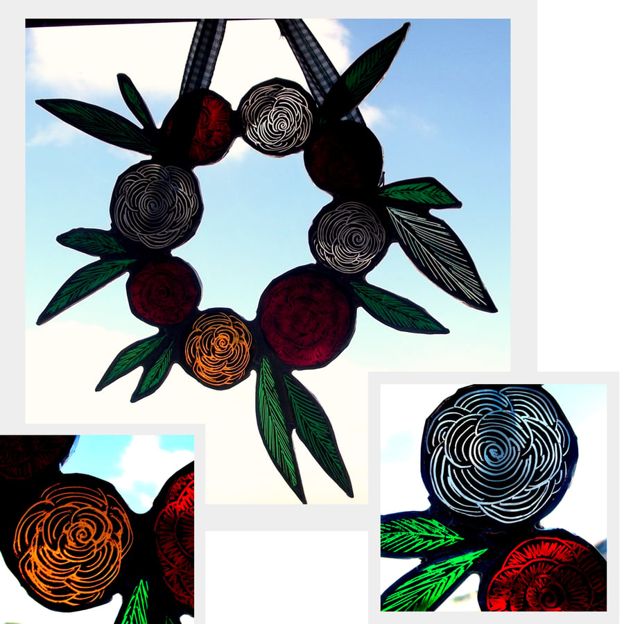 Winter Roses Wreath, stained glass flowers 