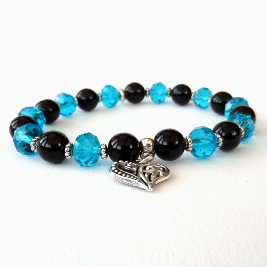SALE: Handmade gemstone & crystal bracelet, black onyx & blue crystal