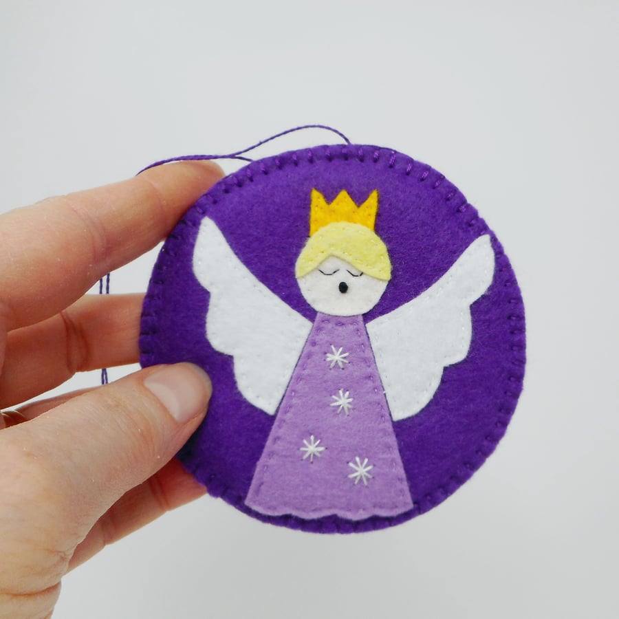 Hand sewn and embroidered Guardian Angel hanging decoration in purple