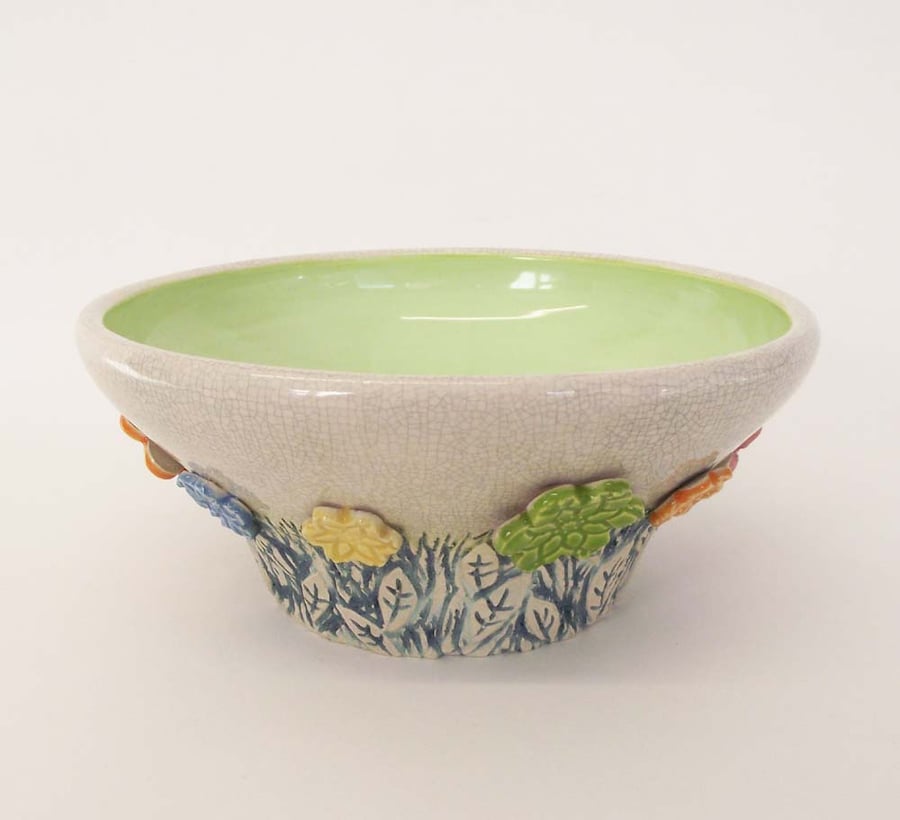 Ceramic hand thrown crackle bowl with spring flowers