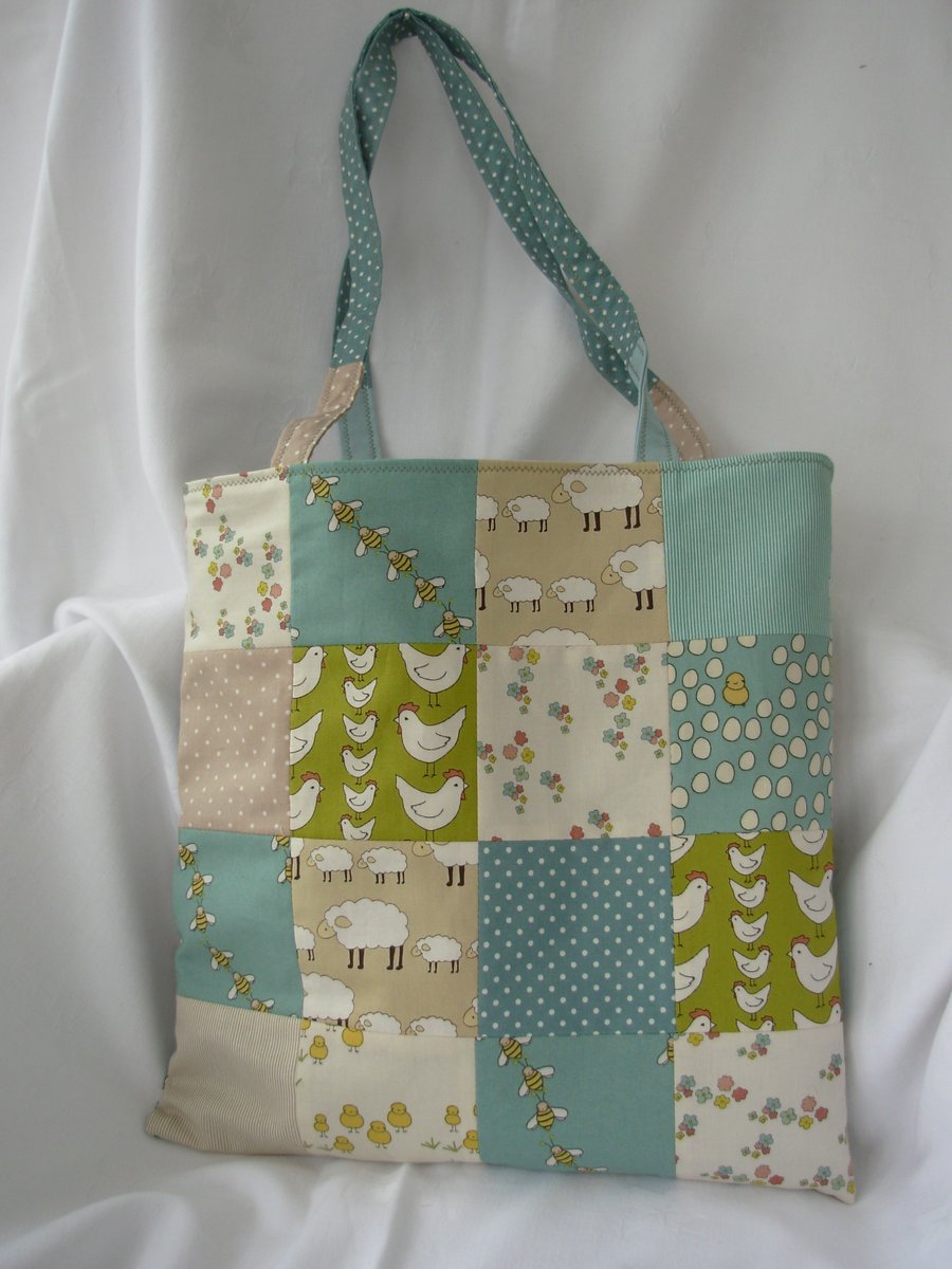 Patchwork Shopping Tote Bag  in duck egg, olive and cream