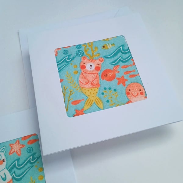 Mermaid cat card for child in quilted fabric - blank
