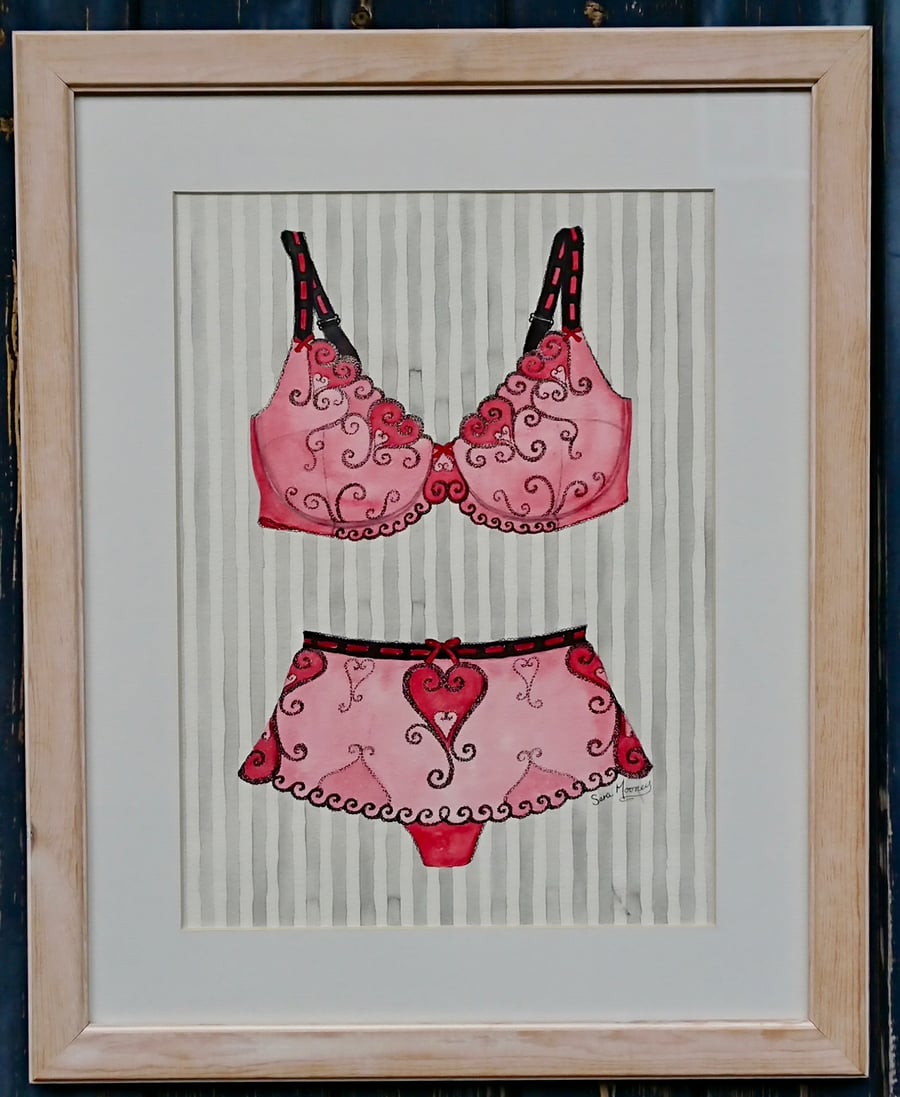 Pink and black bra and knickers watercolour painting  