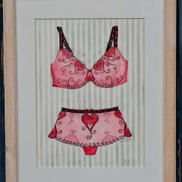 Pink and black bra and knickers watercolour painting  