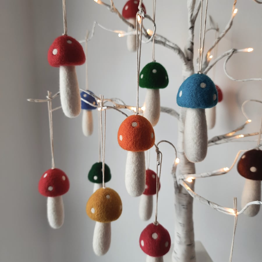 Needle Felted Mini Mushroom Hanging Decorations (Set of Two)
