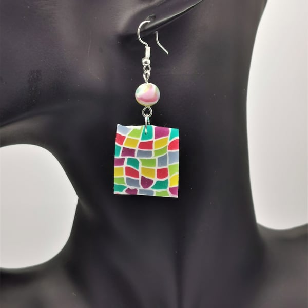 Stained glass effect, handmade, polymer clay, drop, statement earrings