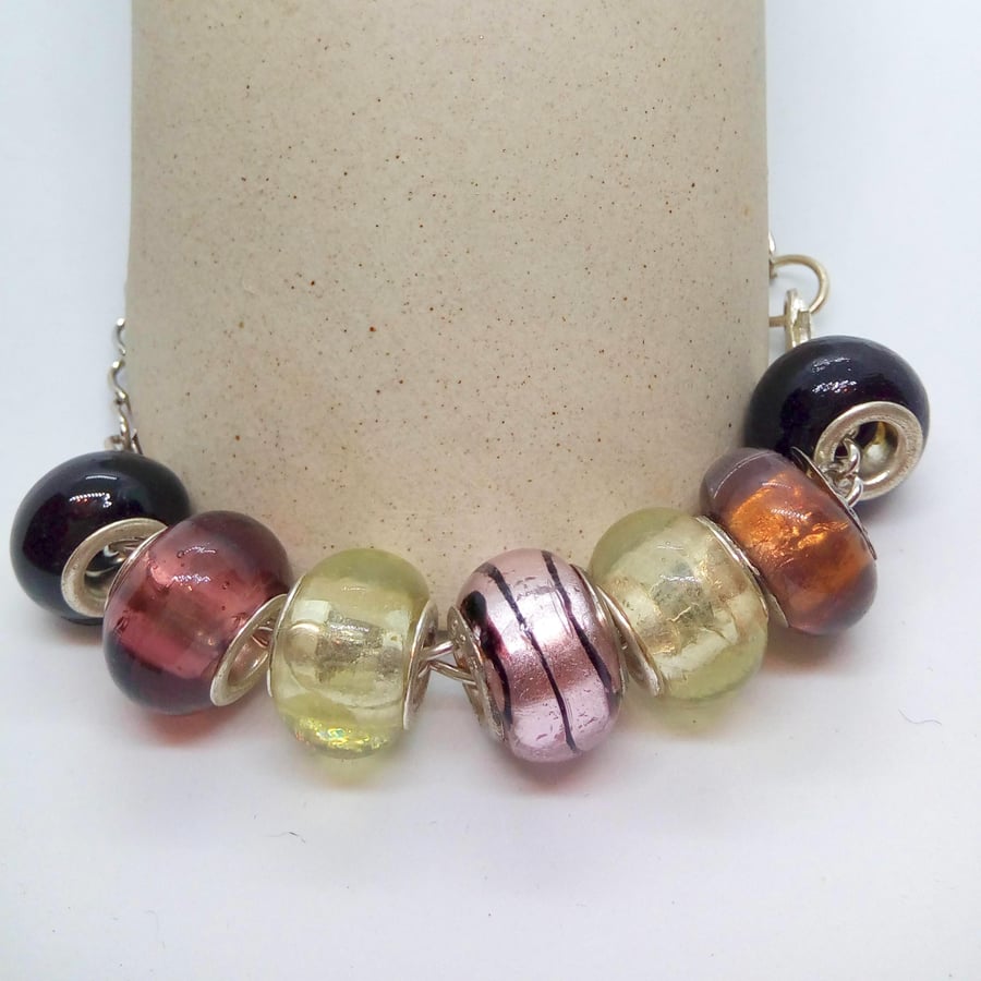 Multi Coloured European Lampwork Bead Bracelet on a Silver Plated Chain