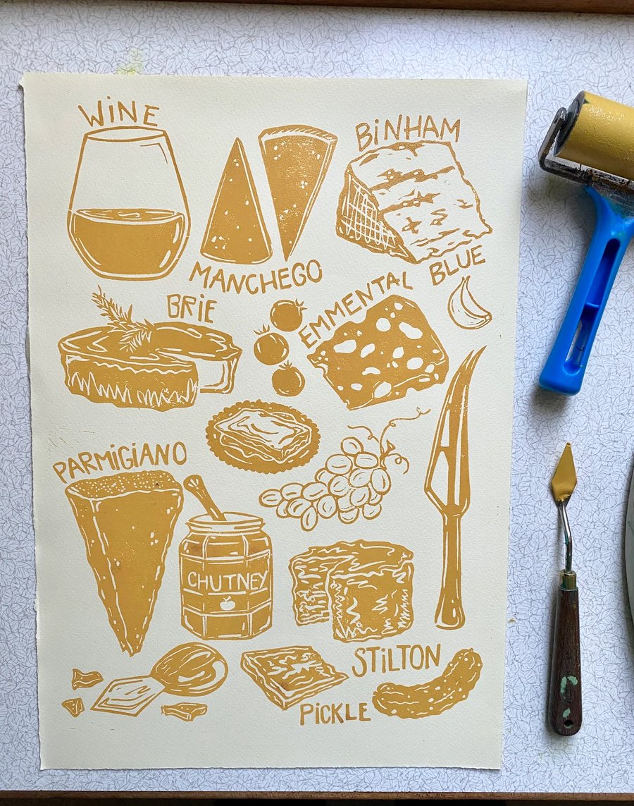 Cheese board A3 Lino Print Yellow