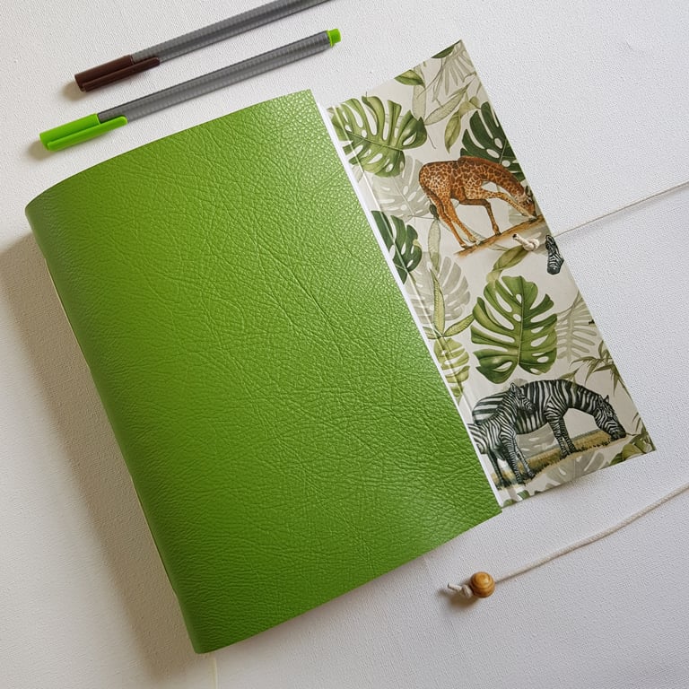 Jungle Safari Journal, Hand Bound in Bright Green Leather, A5, Travel Journal