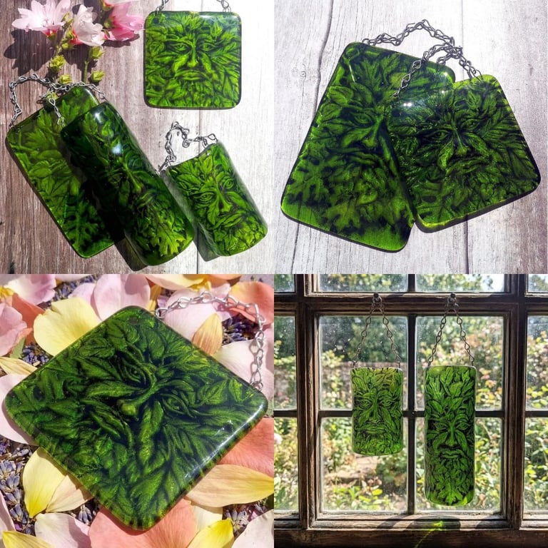 Handmade Fused Glass Greenman Picture - Green Man Hanging Plaque - Sun Catcher