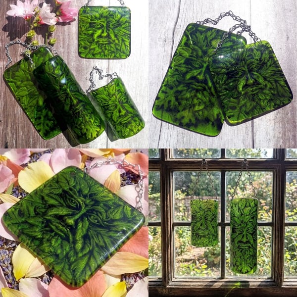 Handmade Fused Glass Greenman Picture - Green Man Hanging Plaque - Sun Catcher