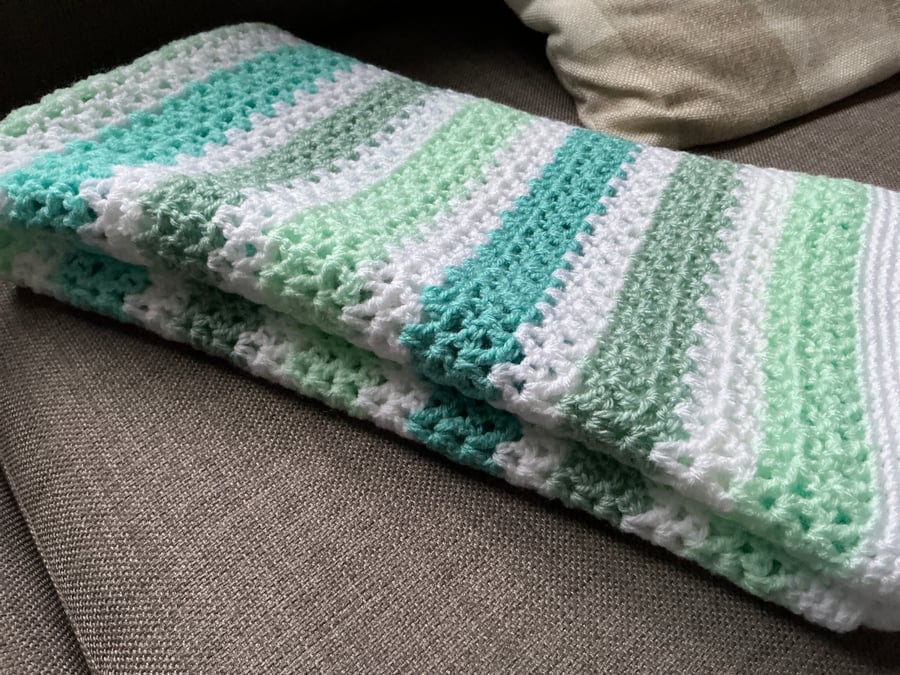 Small crocheted blanket blue green and white 