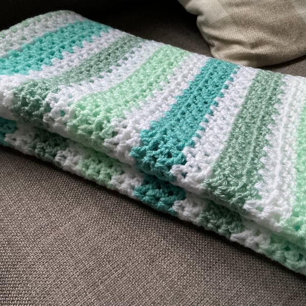 Small crocheted blanket blue green and white 