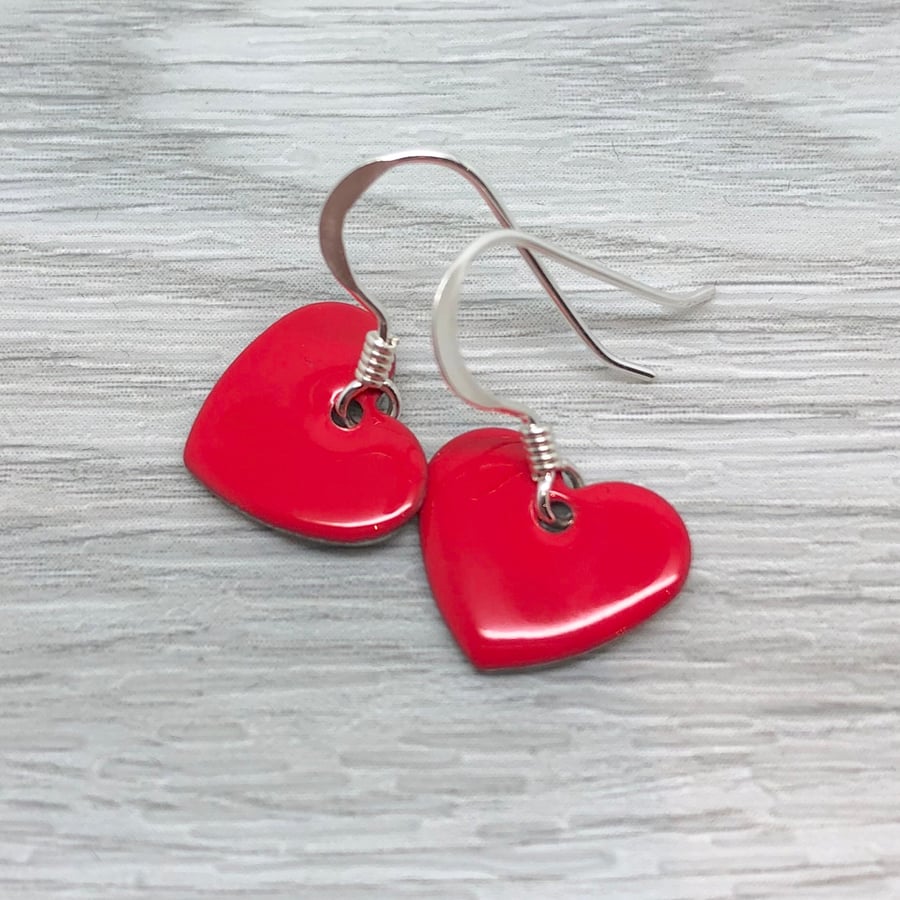 Strawberry red enamel heart charm, sterling silver earrings 
