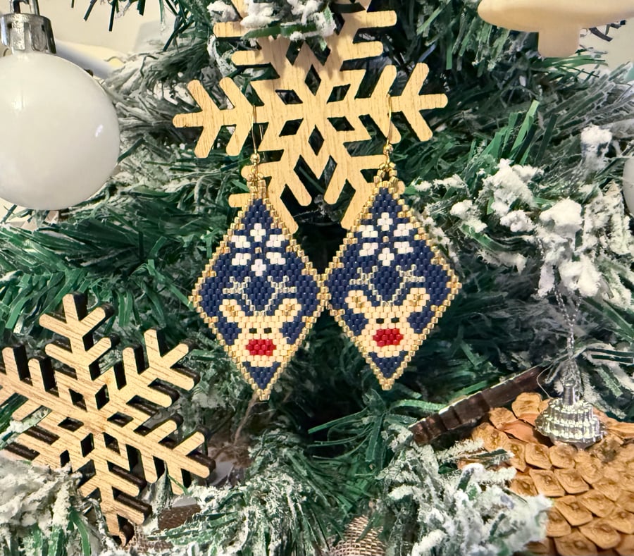 Dark blue handmade Christmas reindeer beadwork earrings 