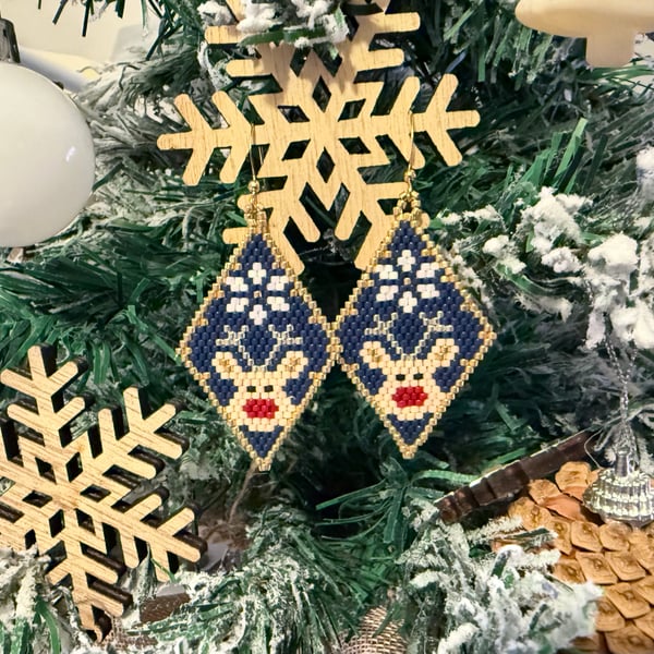 Dark blue handmade Christmas reindeer beadwork earrings 
