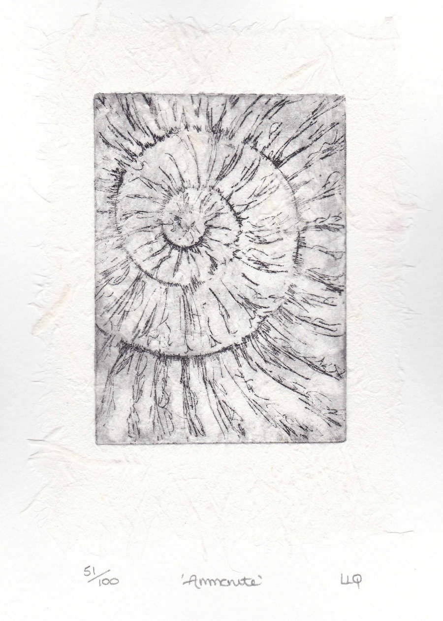 Etching no.51 of an ammonite fossil with chine colle in an edition of 100