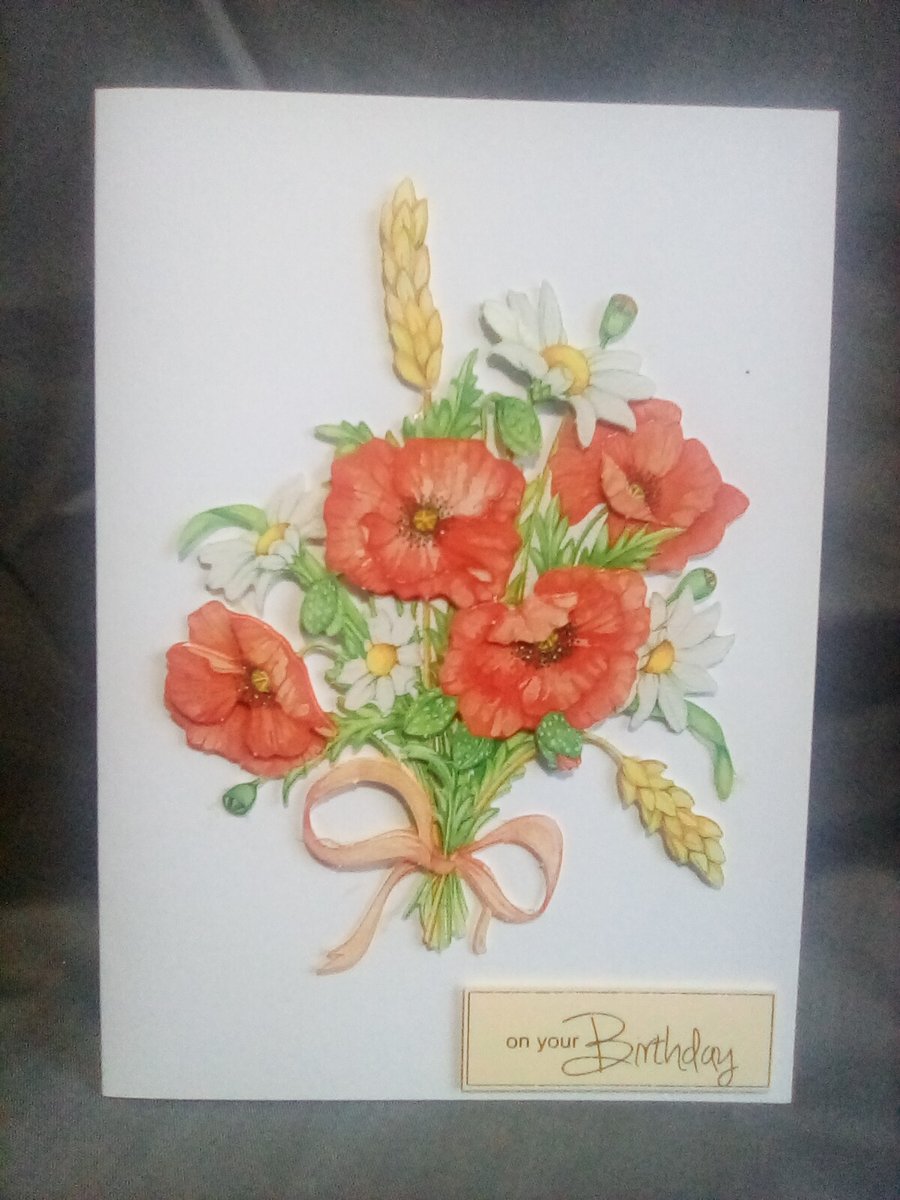 A beautiful handmade decoupage floral bouquet Birthday card