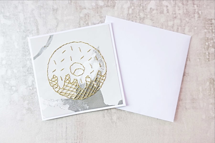 SALE Gold Doughnut Card, Hand Stitched Doughnut Card