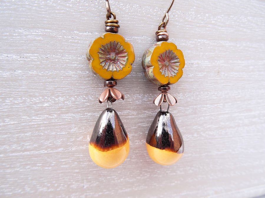 Ceramic Droplet Earrings, Czech Glass Flower Earrings, Mustard Earrings.