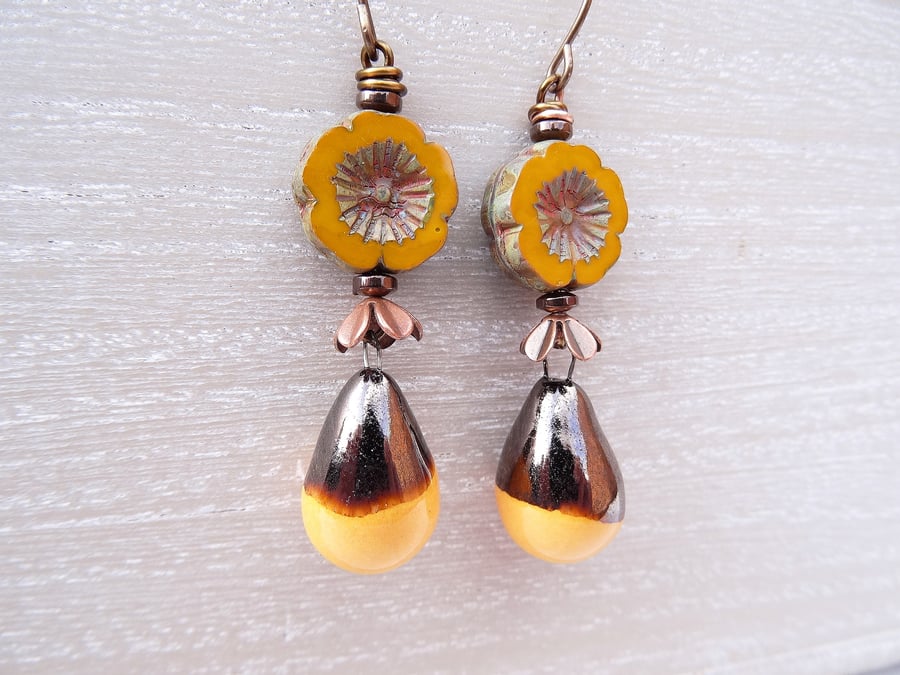 Ceramic Droplet Earrings, Czech Glass Flower Earrings, Mustard Earrings.