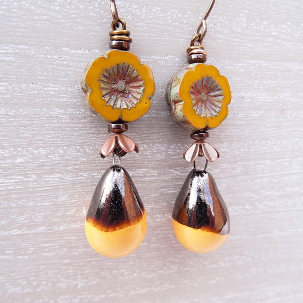 Ceramic Droplet Earrings, Czech Glass Flower Earrings, Mustard Earrings.