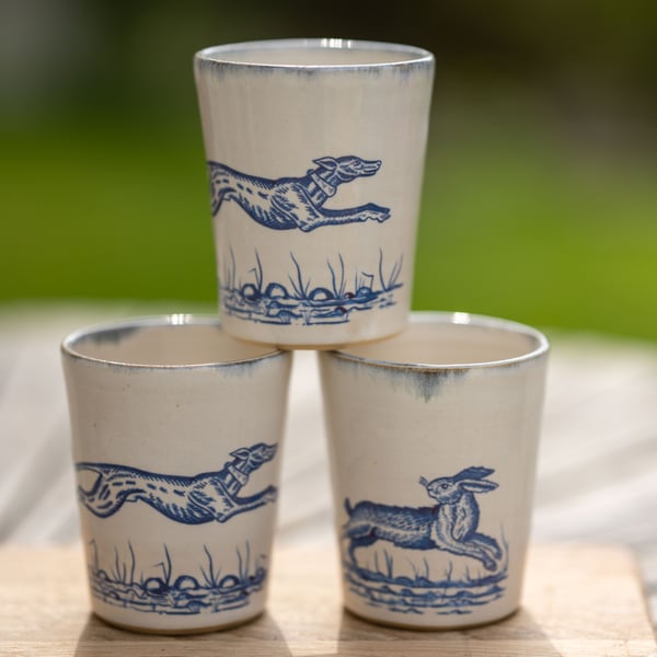 Handmade Ceramic Beaker - sighthound or hare illustration 