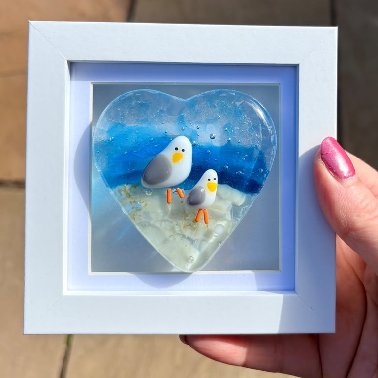 Fused glass seagull heart picture