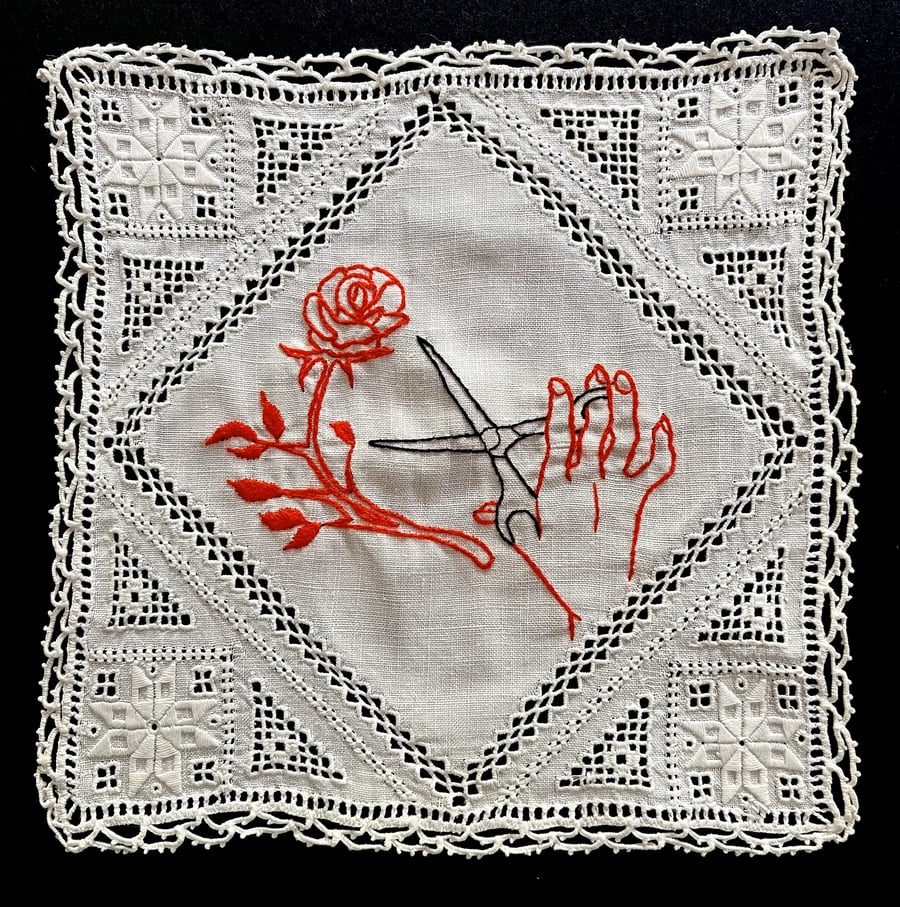 Hand stitched vintage doily embroidery art