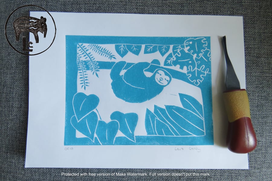 Turquoise Sloth hanging about in rainforest. An original A4 lino print (OE10)